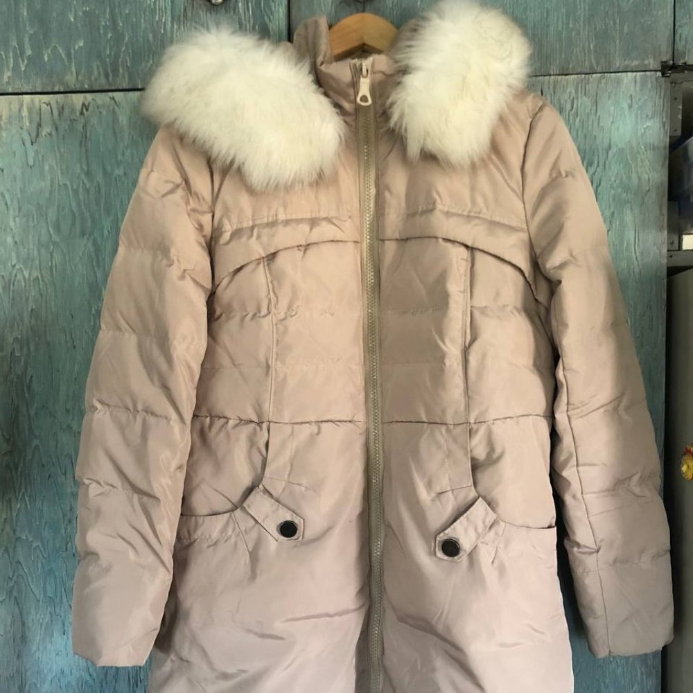 Valuker Women's Down Puffer Jacket Hood Faux Fur Trim Beige Size M